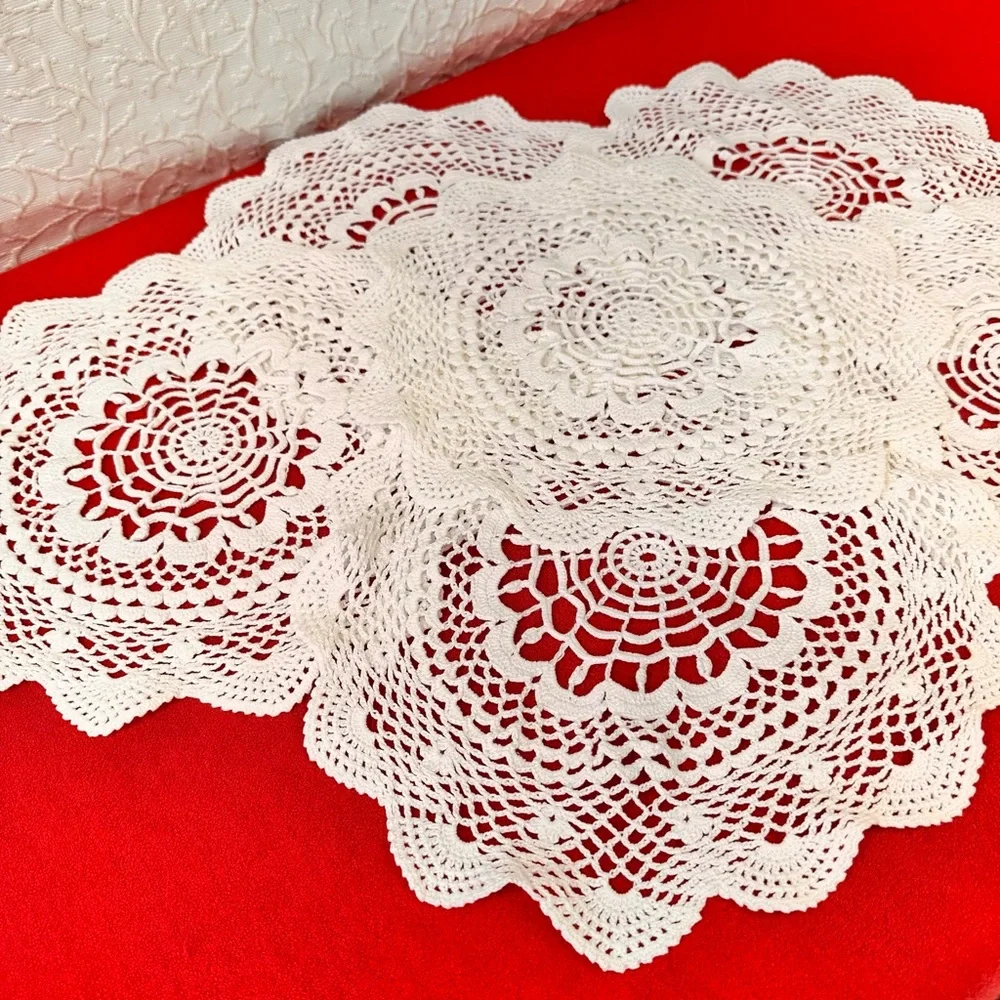 Vintage Handmade Crochet Round Doilies Tablecloth Decor Placemats White Cotton